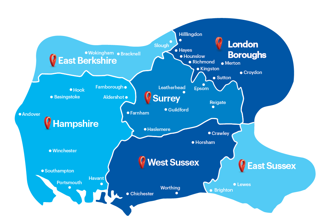Map showing R Ayers Amusements service area across Surrey, Hampshire and London Boroughs